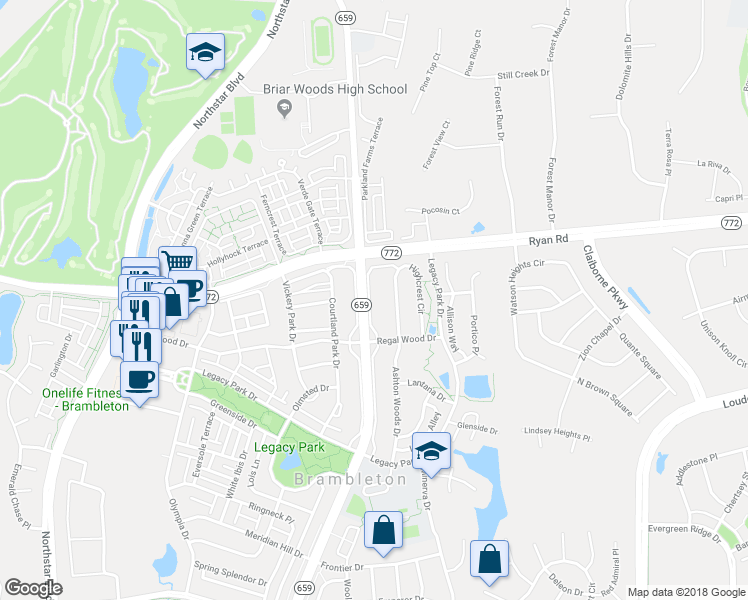 map of restaurants, bars, coffee shops, grocery stores, and more near 22770 Brookshade Drive in Ashburn