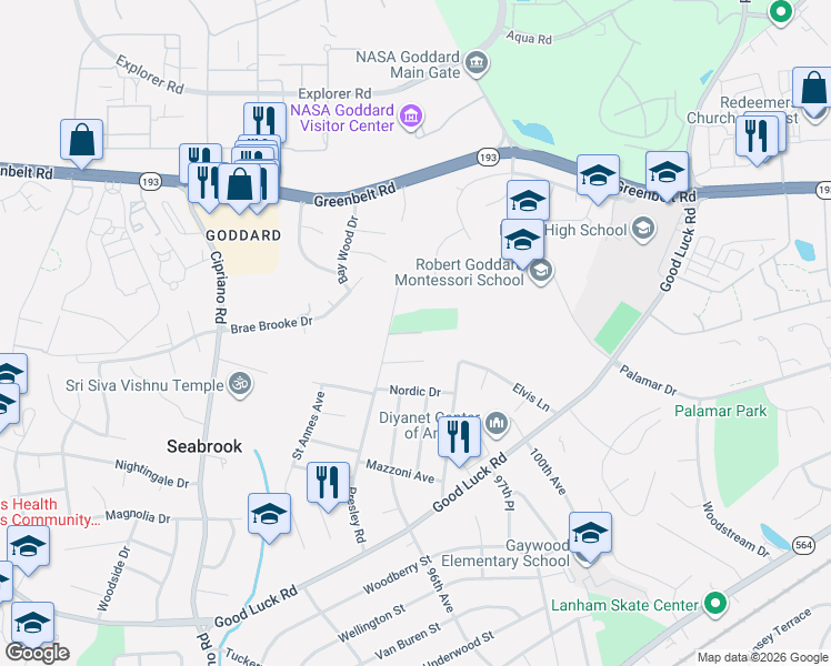 map of restaurants, bars, coffee shops, grocery stores, and more near 9299 Presley Woods Terrace in Goddard