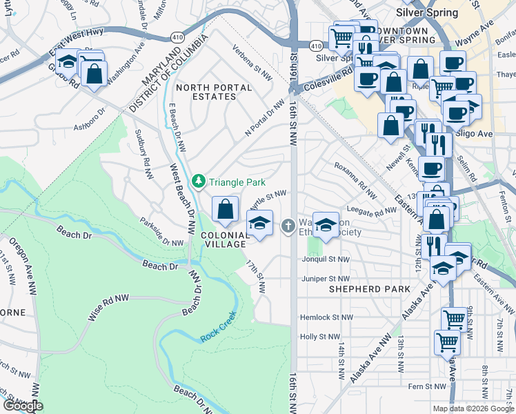 map of restaurants, bars, coffee shops, grocery stores, and more near 1646 Myrtle Street Northwest in Washington