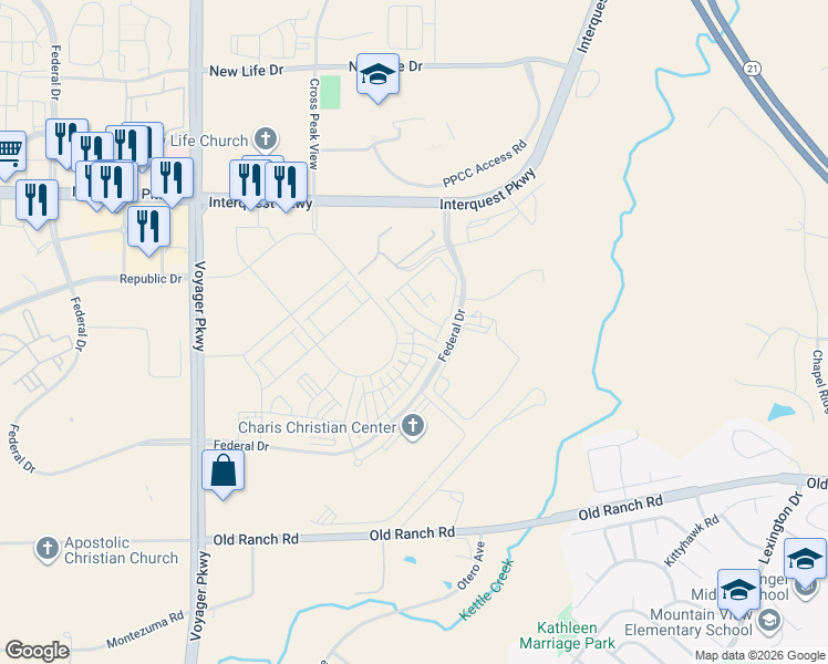 map of restaurants, bars, coffee shops, grocery stores, and more near 10000-10142 Federal Drive in Colorado Springs