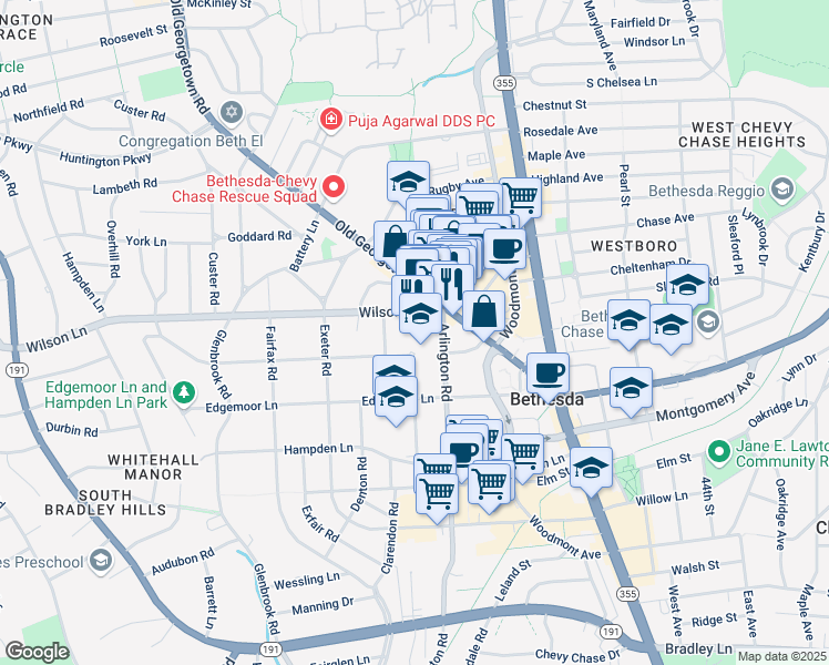 map of restaurants, bars, coffee shops, grocery stores, and more near 7600 Arlington Road in Bethesda