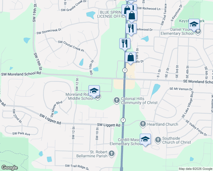 map of restaurants, bars, coffee shops, grocery stores, and more near 808 Southwest Bishop Court in Blue Springs