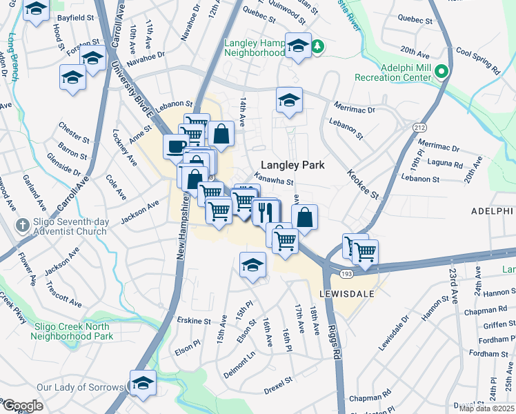 map of restaurants, bars, coffee shops, grocery stores, and more near 1400 University Boulevard East in Hyattsville