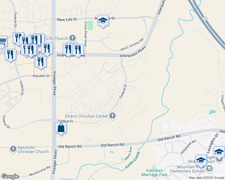 map of restaurants, bars, coffee shops, grocery stores, and more near 10000-10142 Federal Drive in Colorado Springs