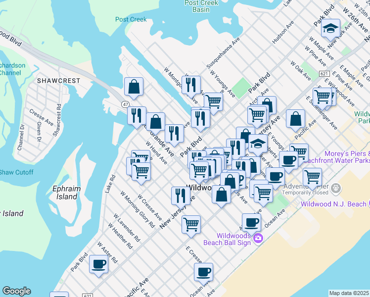 map of restaurants, bars, coffee shops, grocery stores, and more near 4711 Park Boulevard in Wildwood