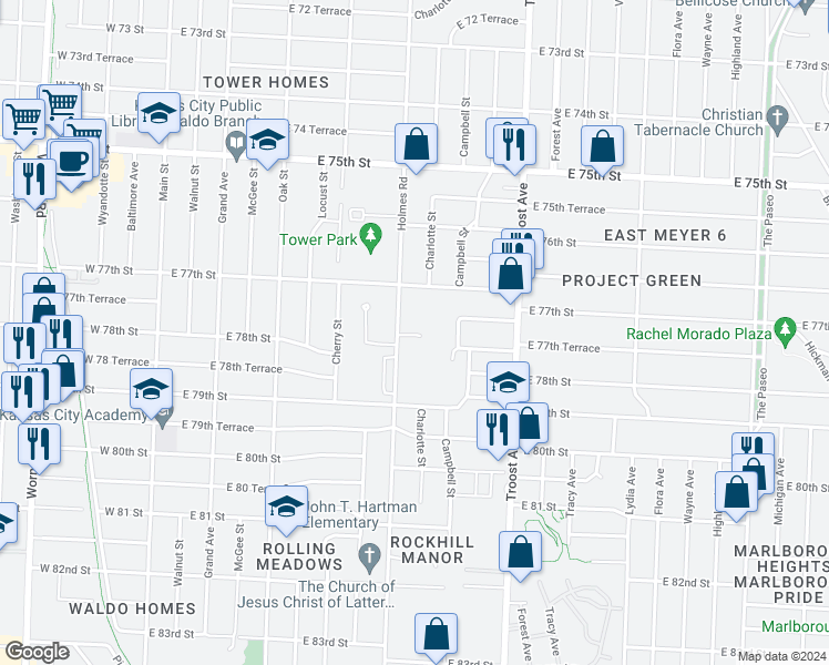 map of restaurants, bars, coffee shops, grocery stores, and more near 7777 Holmes Road in Kansas City