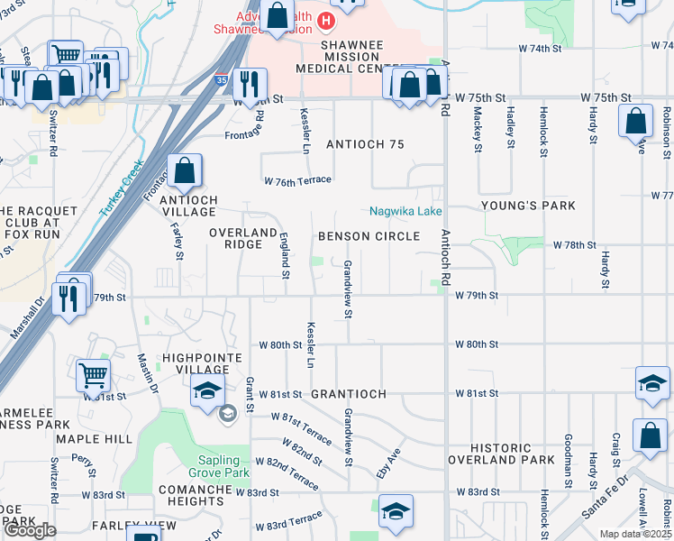 map of restaurants, bars, coffee shops, grocery stores, and more near 9178 West 78th Terrace in Overland Park