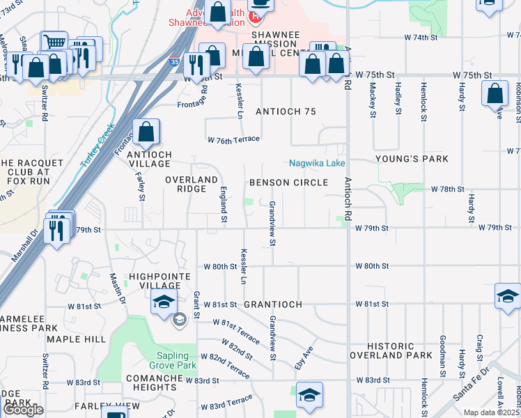 map of restaurants, bars, coffee shops, grocery stores, and more near 9178 West 78th Terrace in Overland Park