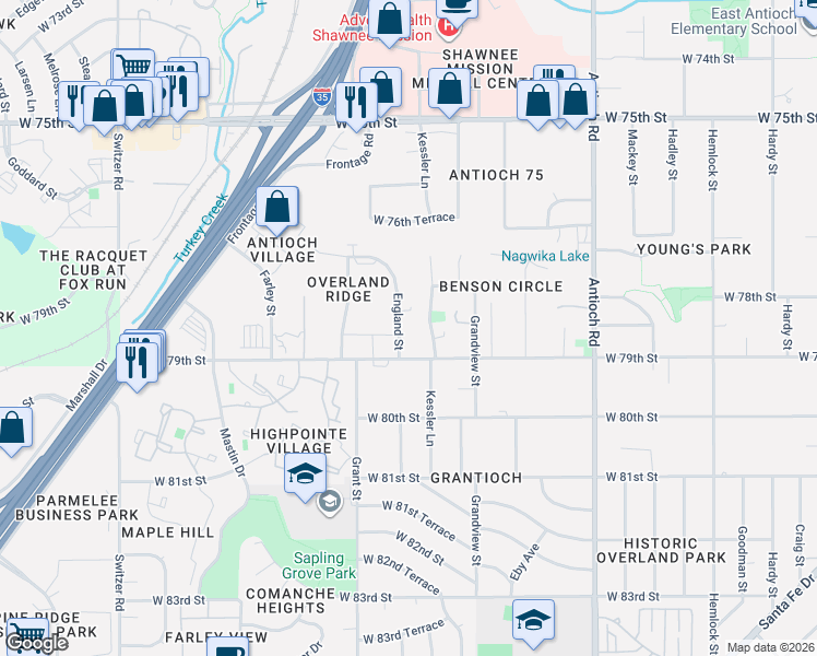 map of restaurants, bars, coffee shops, grocery stores, and more near 7823 England Street in Overland Park