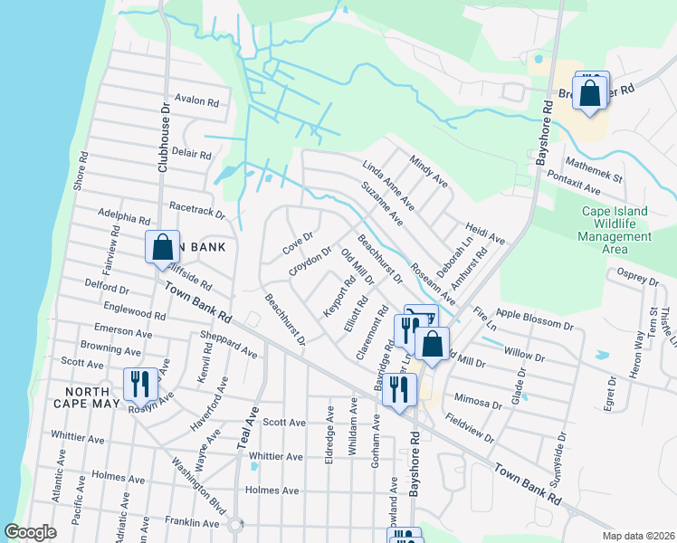 map of restaurants, bars, coffee shops, grocery stores, and more near 3 Carlton Drive in North Cape May