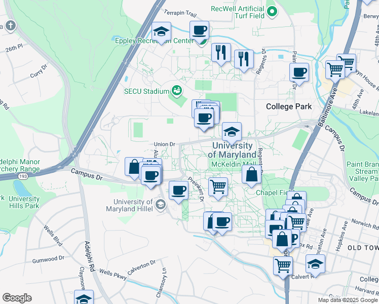map of restaurants, bars, coffee shops, grocery stores, and more near Campus Drive in College Park