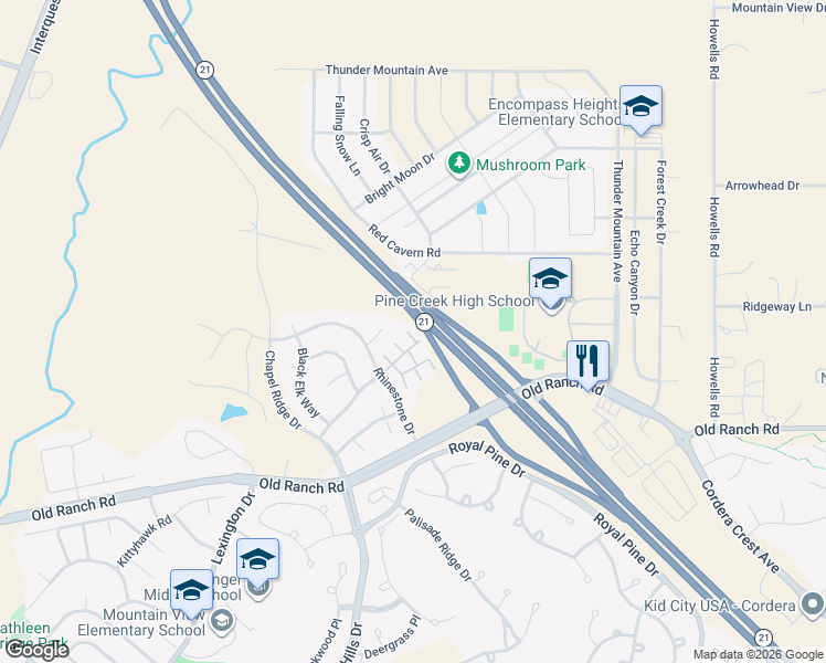 map of restaurants, bars, coffee shops, grocery stores, and more near 10833 Creede Creek Point in Colorado Springs