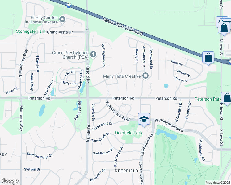 map of restaurants, bars, coffee shops, grocery stores, and more near 504 North Regents Street in Lawrence