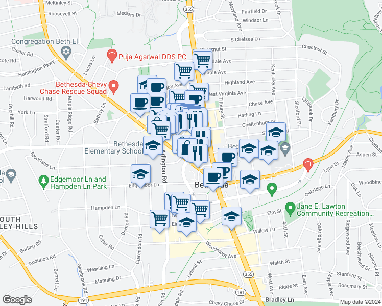 map of restaurants, bars, coffee shops, grocery stores, and more near 7710 Woodmont Avenue in Bethesda