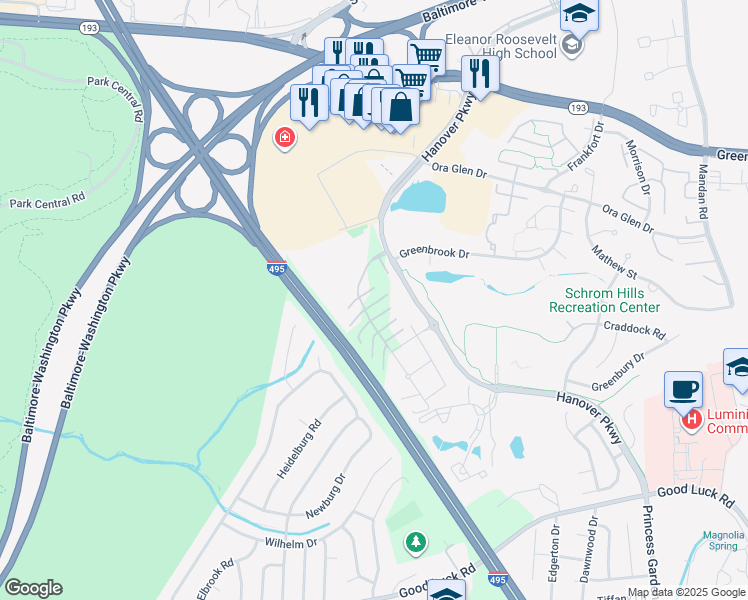 map of restaurants, bars, coffee shops, grocery stores, and more near 7232 Hanover Parkway in Greenbelt