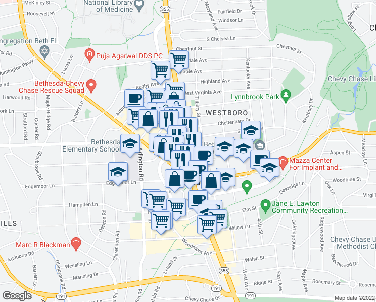 map of restaurants, bars, coffee shops, grocery stores, and more near Wisconsin Avenue & Middleton Lane in Bethesda