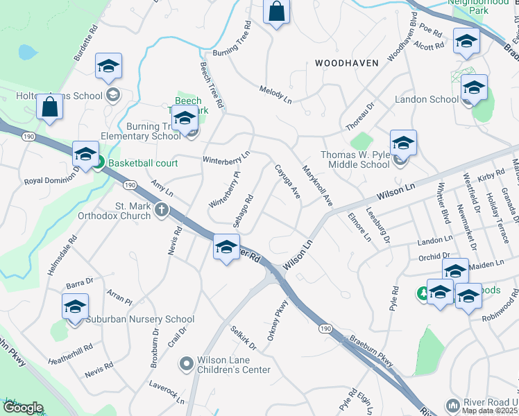 map of restaurants, bars, coffee shops, grocery stores, and more near 7600 Massena Road in Bethesda