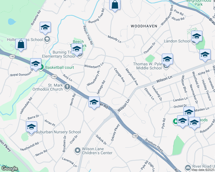 map of restaurants, bars, coffee shops, grocery stores, and more near 7600 Massena Road in Bethesda