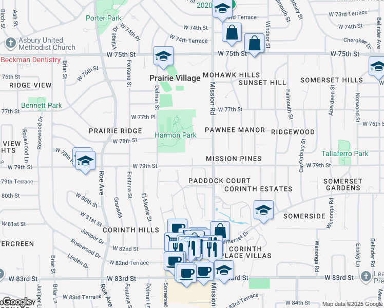 map of restaurants, bars, coffee shops, grocery stores, and more near 4012 West 79th Street in Prairie Village