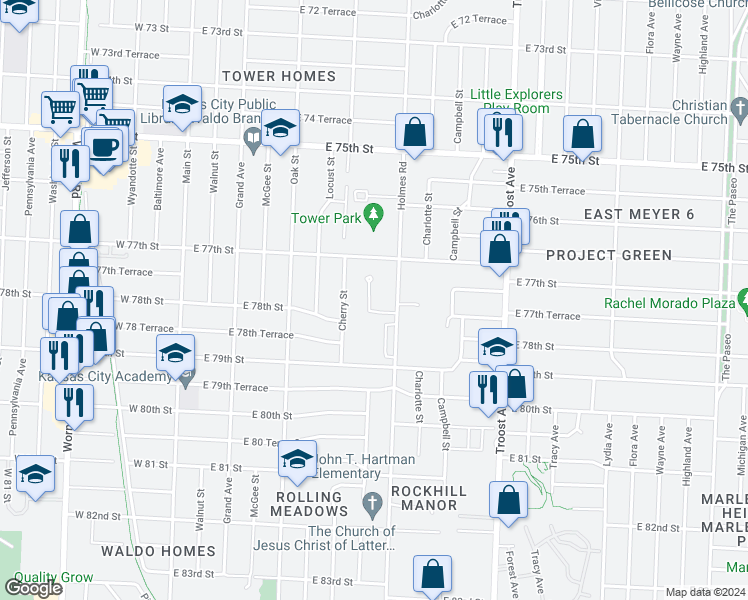 map of restaurants, bars, coffee shops, grocery stores, and more near 7729 Kenwood Avenue in Kansas City