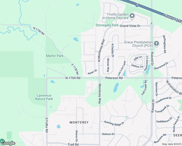 map of restaurants, bars, coffee shops, grocery stores, and more near 3924 Aster Street in Lawrence
