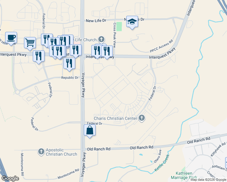 map of restaurants, bars, coffee shops, grocery stores, and more near 10712 Pearl Stone Grove in Colorado Springs