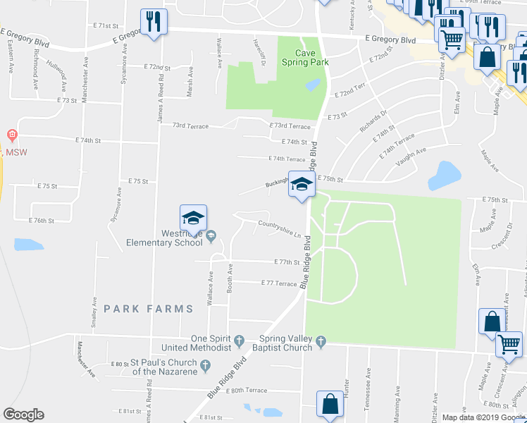 map of restaurants, bars, coffee shops, grocery stores, and more near 8603A Countryshire Lane in Kansas City
