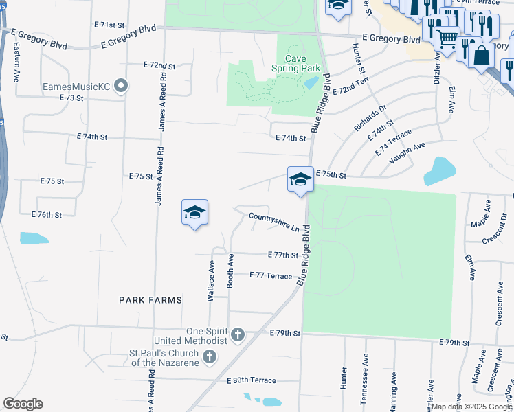 map of restaurants, bars, coffee shops, grocery stores, and more near 8603A Countryshire Lane in Kansas City