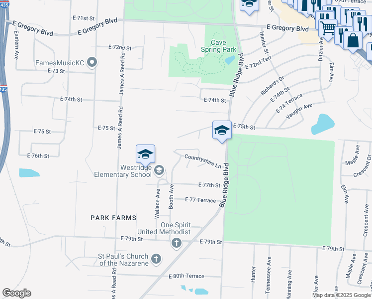 map of restaurants, bars, coffee shops, grocery stores, and more near 8603A Countryshire Lane in Kansas City