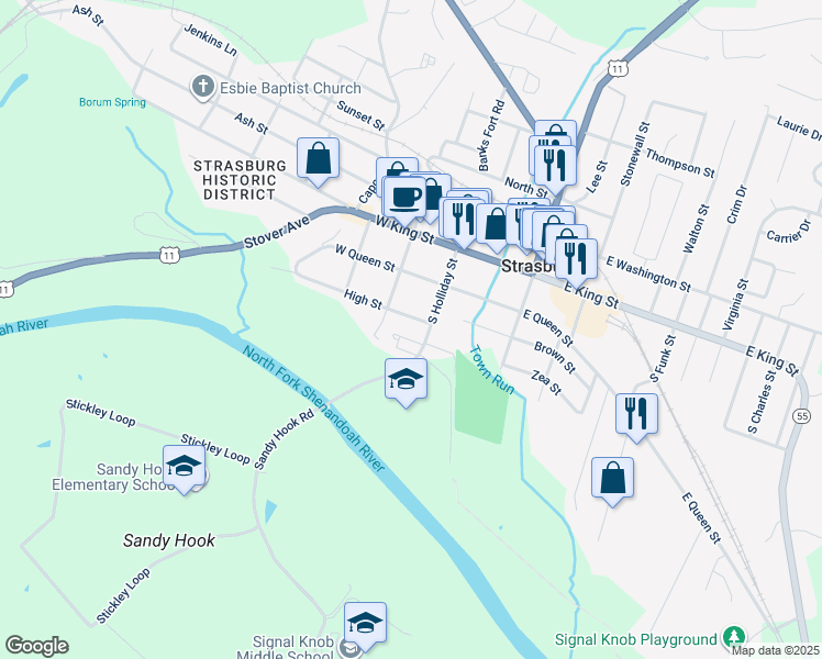 map of restaurants, bars, coffee shops, grocery stores, and more near 139 High Street in Strasburg