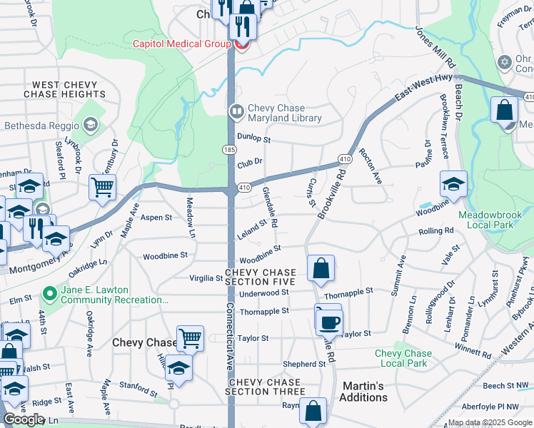 map of restaurants, bars, coffee shops, grocery stores, and more near 7600 Glendale Road in Chevy Chase