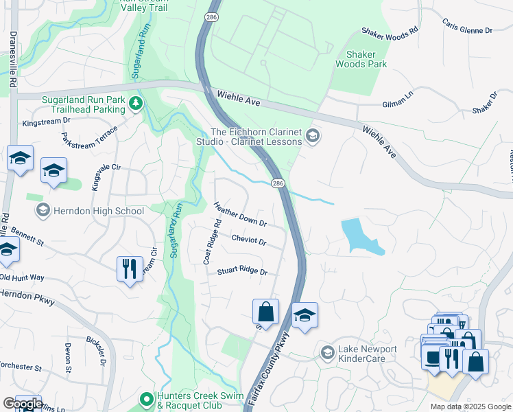 map of restaurants, bars, coffee shops, grocery stores, and more near 12016 Heather Down Drive in Herndon
