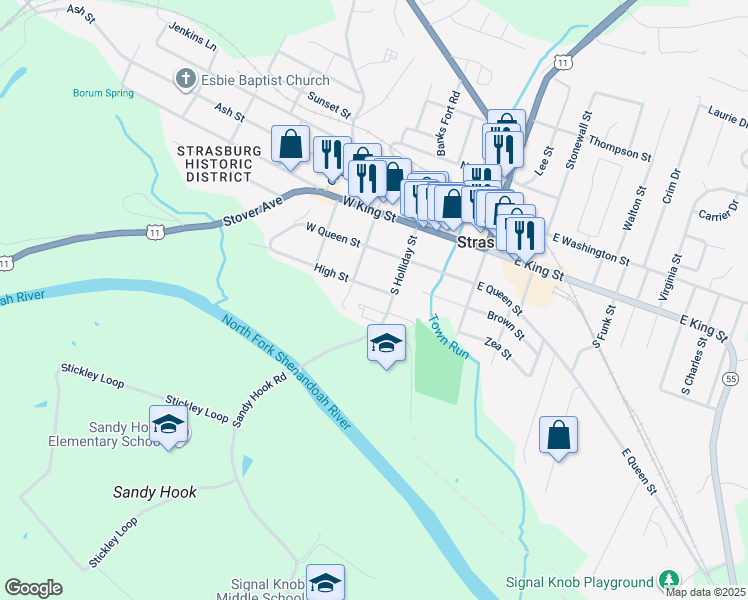 map of restaurants, bars, coffee shops, grocery stores, and more near 139 High Street in Strasburg