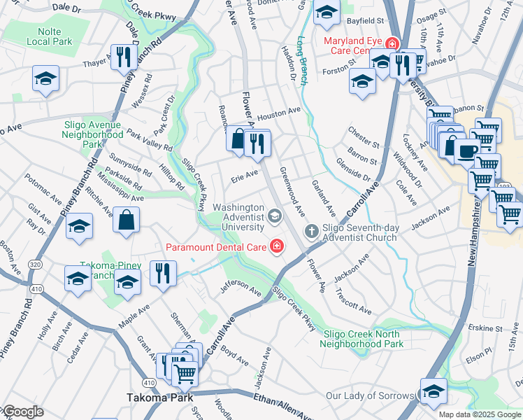 map of restaurants, bars, coffee shops, grocery stores, and more near 7600 Flower Avenue in Takoma Park