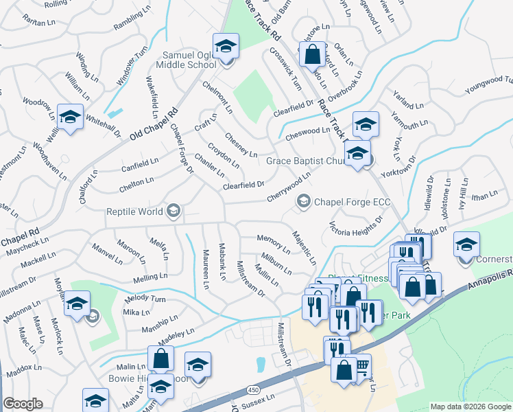 map of restaurants, bars, coffee shops, grocery stores, and more near 12703 Cherrywood Lane in Bowie