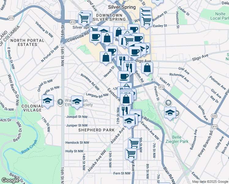 map of restaurants, bars, coffee shops, grocery stores, and more near 8005 13th Street in Silver Spring