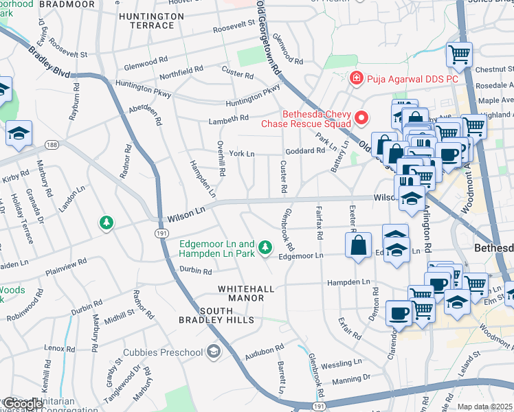 map of restaurants, bars, coffee shops, grocery stores, and more near 5425 Moorland Lane in Bethesda