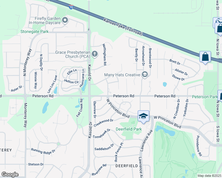 map of restaurants, bars, coffee shops, grocery stores, and more near 3220 Peterson Road in Lawrence