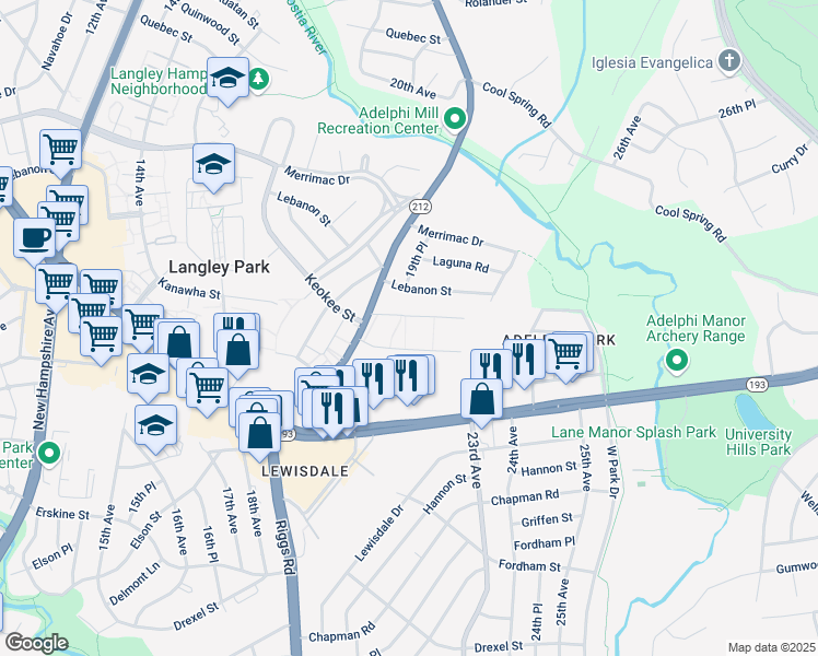 map of restaurants, bars, coffee shops, grocery stores, and more near 7967 Riggs Road in Hyattsville