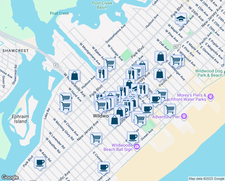 map of restaurants, bars, coffee shops, grocery stores, and more near 138 West Davis Avenue in Wildwood