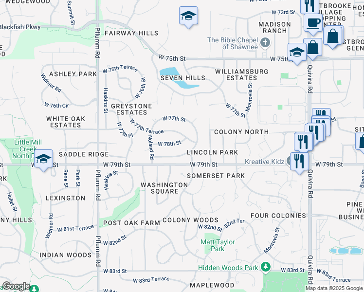 map of restaurants, bars, coffee shops, grocery stores, and more near 12900 West 78th Terrace in Shawnee