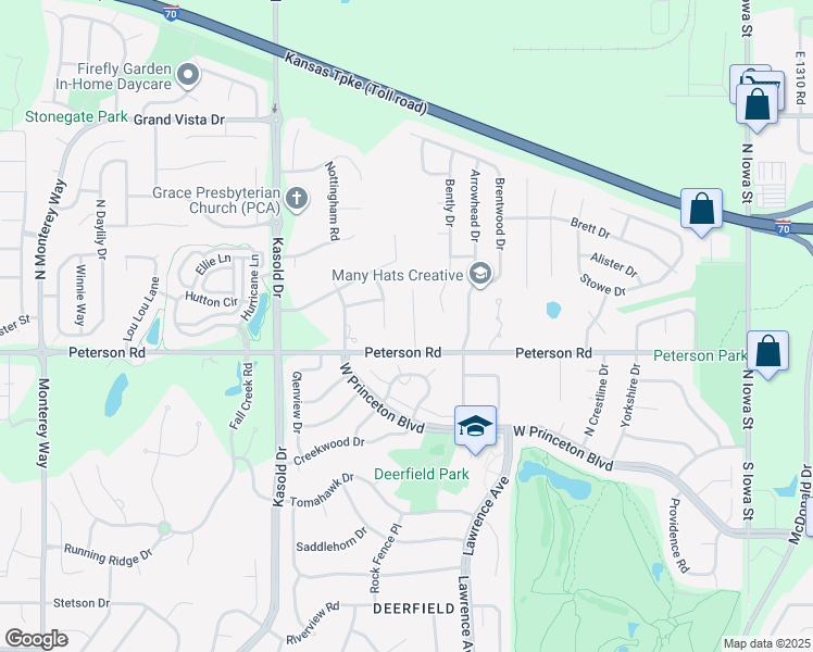 map of restaurants, bars, coffee shops, grocery stores, and more near 411 John Doy Court in Lawrence