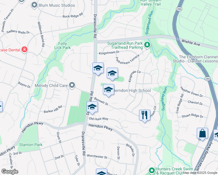 map of restaurants, bars, coffee shops, grocery stores, and more near 700 Bennett Street in Herndon