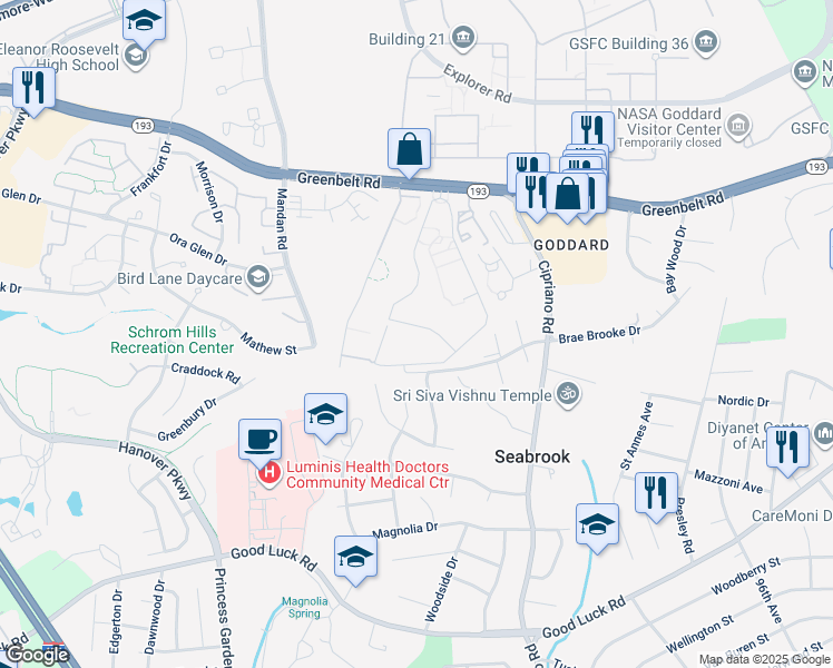 map of restaurants, bars, coffee shops, grocery stores, and more near 8675 Greenbelt Road in Greenbelt