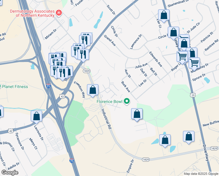 map of restaurants, bars, coffee shops, grocery stores, and more near 7576 Hillcrest Drive in Florence