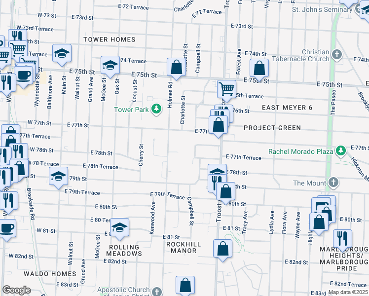 map of restaurants, bars, coffee shops, grocery stores, and more near 7777 Holmes Road in Kansas City