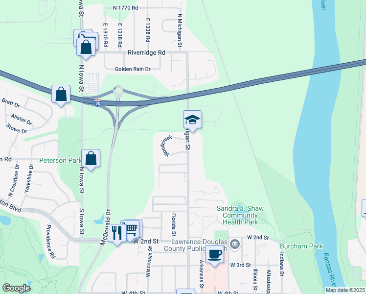 map of restaurants, bars, coffee shops, grocery stores, and more near 237 North Michigan Street in Lawrence