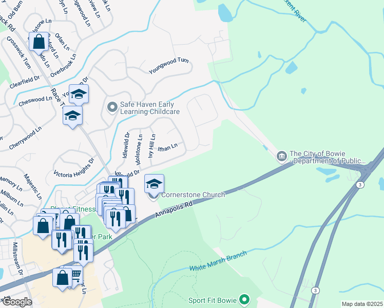 map of restaurants, bars, coffee shops, grocery stores, and more near 3703 Irongate Lane in Bowie