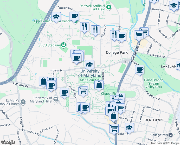 map of restaurants, bars, coffee shops, grocery stores, and more near in College Park