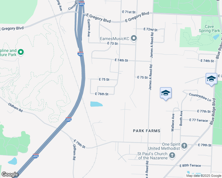 map of restaurants, bars, coffee shops, grocery stores, and more near 7630 East 76th Street in Kansas City
